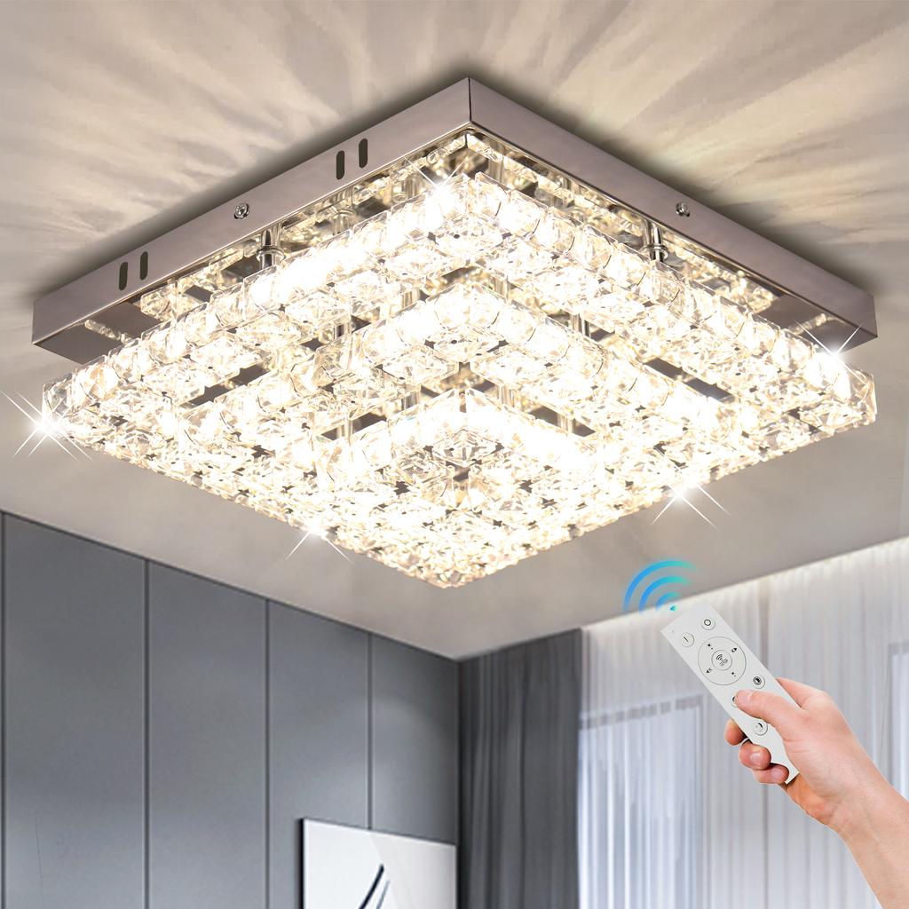 Dimmable LED K9 Crystal Ceiling Light 3 Tiers Square Surface Mounted Ceiling Lamp with Remote Control for Hotel Home Decor