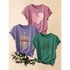 2026 3 Pack Vintage Print Round Neck Women Short Sleeve T Shirts Polyester Knit Casual Sports Daily Tops
