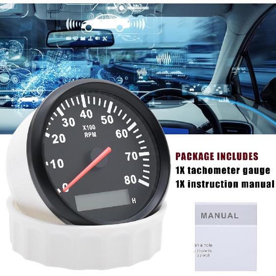 Geloo 85MM Boots Drehzahlmesser - Wasserdichter Außenbord-Drehzahlmesser 0-8000 U/min Tacho Meter für Auto LKW Marine Diesel Benzinmotor U/min Tacho Anzeige