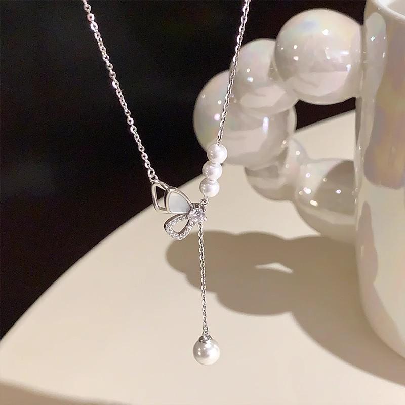 Korean Rhinestone Butterfly Pearl Tassel Necklace Women's Luxury Choker Accessory