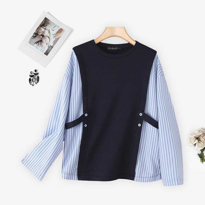 

ZANZEA Women Casual Round Neck Stripe Splice Long Sleeve Thin Pullover Sweatshirt 4XL темно-синий