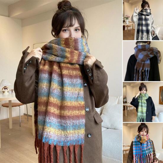Women Scarf Plaid Pattern Cashmere Feel Plush Scarf with Tassel Decoration Travel Sweater Coat Accessory