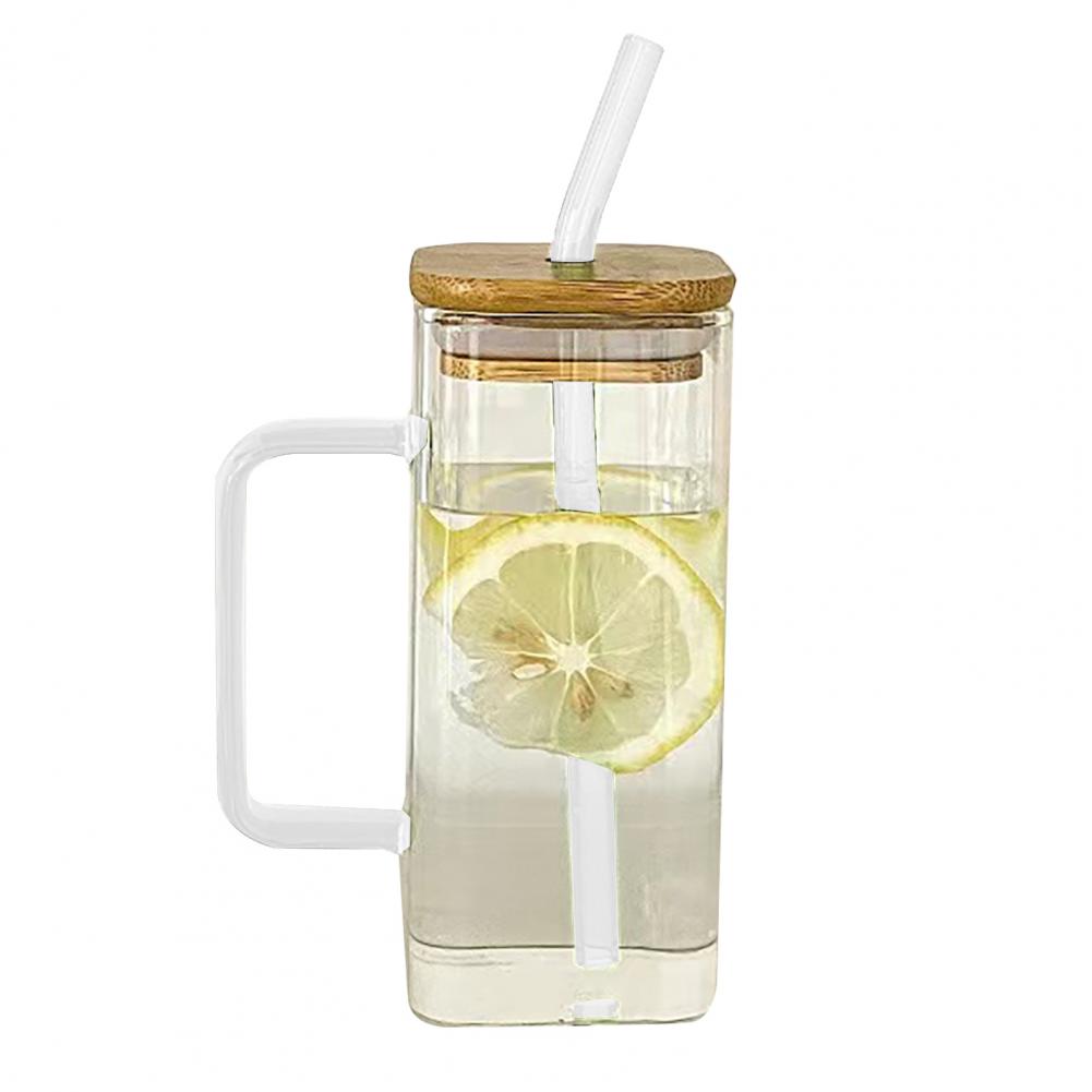 Square Glass Tumbler with Handle And Lid 380ml Transparent Coffee Cup Portable Tea Milk Jar for Hot Cold Drinks Travel Water Cup 380ml