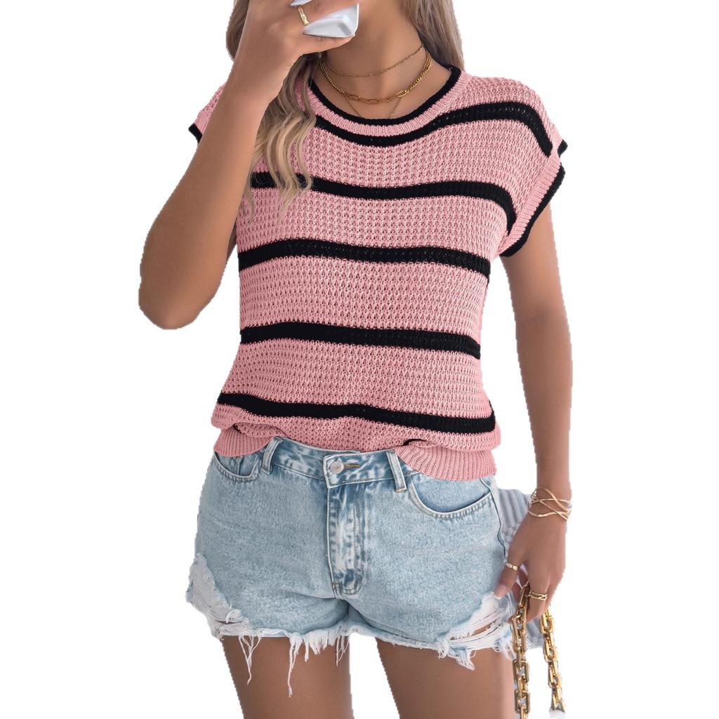 Loose Casual Striped Knitwear Top Color Block Street Style Women's Fashion Cross-Border Summer Basic Fit Batwing Sleeve