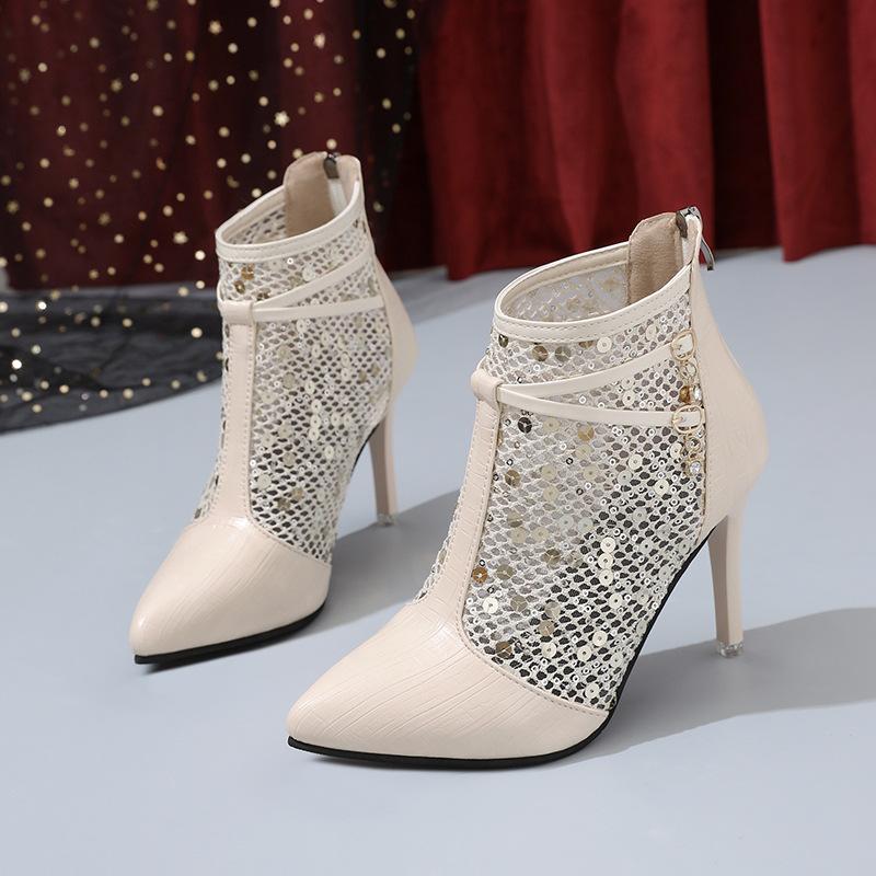 Außenhandel Übergröße Mesh Cool Boots Damen 2025 Sommer neu spitz paillettenbesetzt dünner Absatz hoher Absatz hohle Mesh-Stiefel