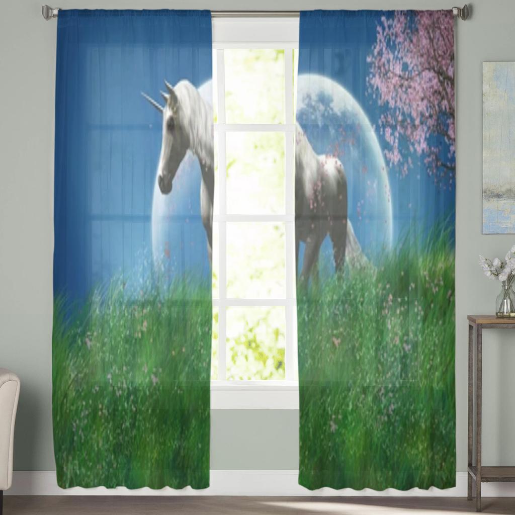 White Unicorn In The Field Sheer Window Curtains For Living Room Bedroom Modern Voile Tulle Curtains Fabric Drapes For Kitchen