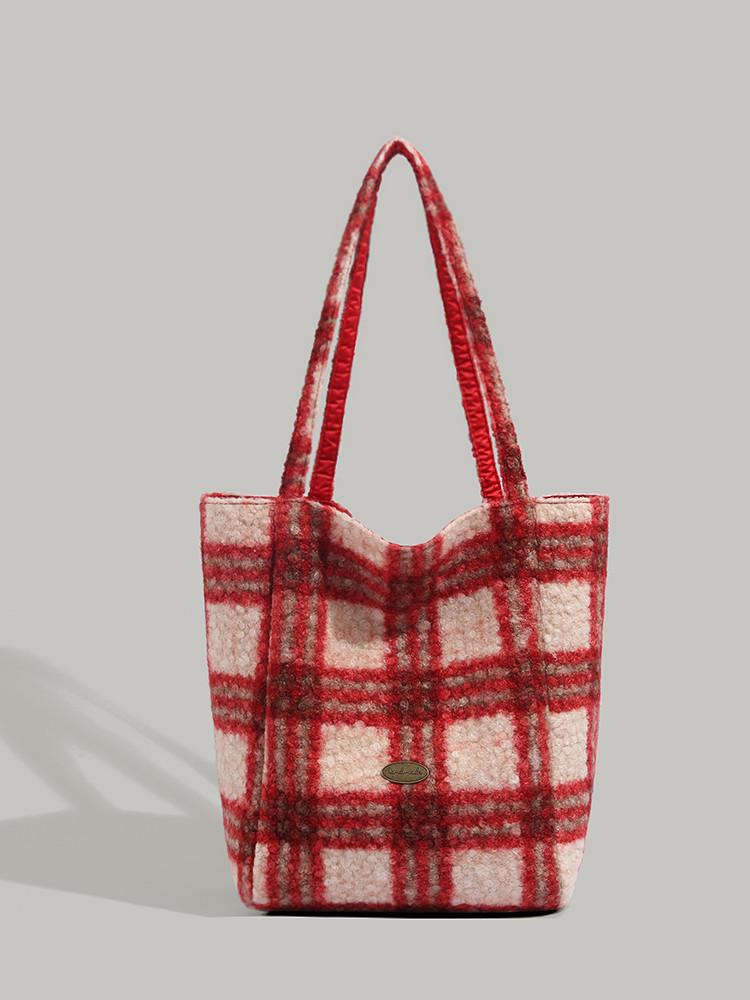 

2025 autumn and winter new plaid vertical plush Korean ins style double-sided dual-purpose large-capacity shoulder tote bag красный