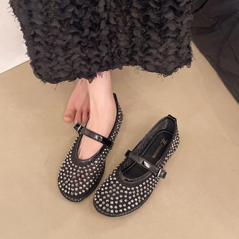 Mesh rhinestone breathable one-word buckle flat-bottomed Mary Jane shoes women's shallow mouth single shoes summer new niche ballet shoes