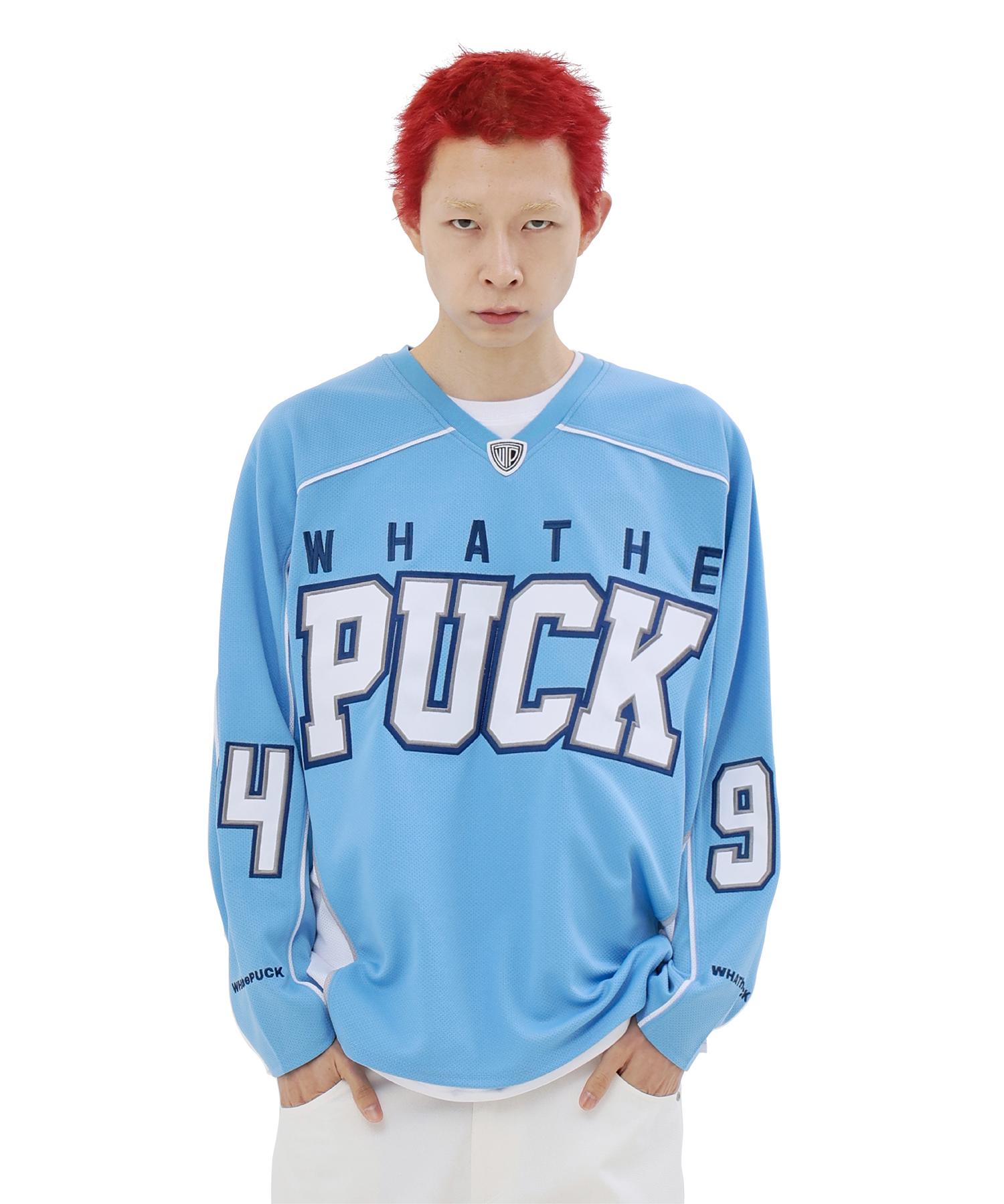 What The Fuck Puck Embroidered Logo Hockey Jersey Sky Blue L Size