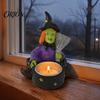 Handcrafted Resin Witch Figurine Halloween Skull Candle Holder, Spooky Star Cup Tealight Stand Candlestick Holder with Metal Heatproof Liner,