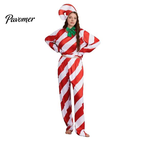 Zábavný vánoční párty outfit Kostým lízátka pro dospělé děti Červeno-bílý pruhovaný top Kalhoty Zpevněný šev Klobouk 3dílná sada Cosplay oblečení Muži A