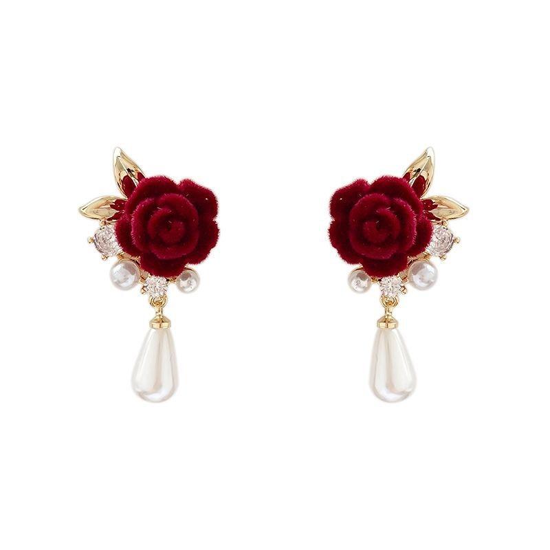 New Wine Red Velvet Rose Pearl Earrings for Women Vintage Red Rose Elegant High-end Studs Earrings Jewelry Accessories
