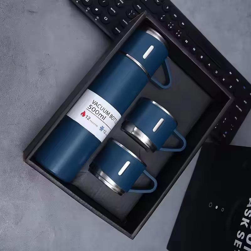 Custom 500ml Double-Wall Thermal Mug Gift Set Tea Cup 304 Stainless Steel Tumbler Water Bottle Portable Vacuum Flask with 2 Cups