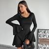 European & American Women's Solid Color Lace Flared Long Sleeve Slimming Dress