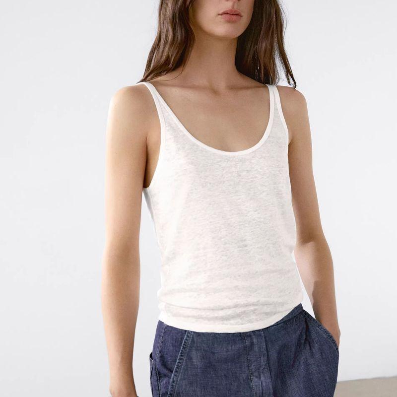 Linen Vest French style UK Spaghetti Strap Cotton Top Cami Vest Sexy White Large U-Neck Thread Export