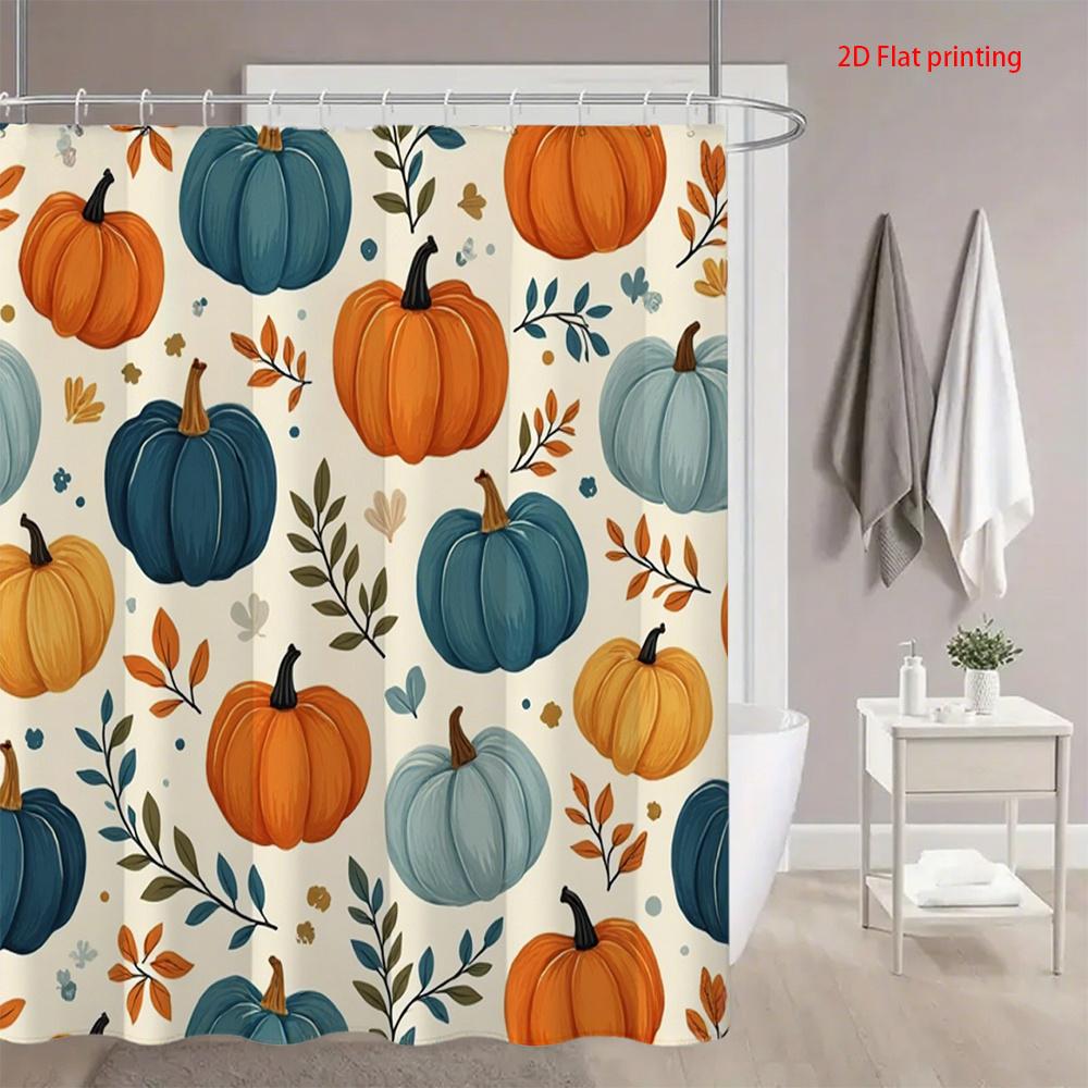 

1Pc Blue And Orange Autumn Pumpkin Pattern Shower Curtain, Polyester Fabric With Hooks, Suitable For Bathroom Decoration W60H190(CM)-1 Pcs
