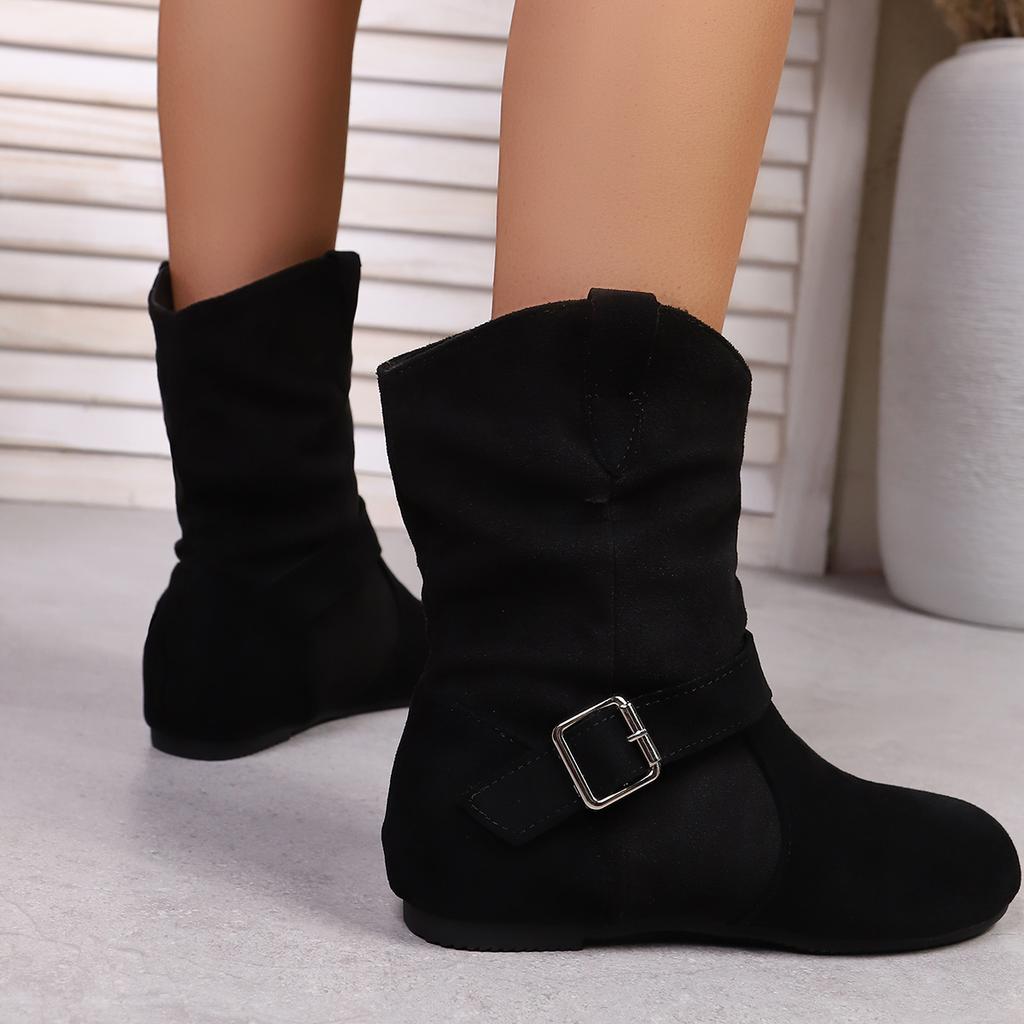 New Design Female Ankle Boots Flock Round Toe Wedges Slip On Pleated Leisure Daily Booties Women Flat Booties Botas Mujer