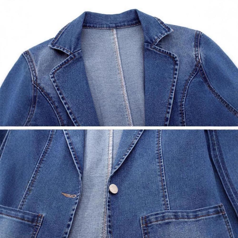 Women's Notched Lapel Long Sleeve Loose Fit Solid Denim Blazer Jacket for Casual