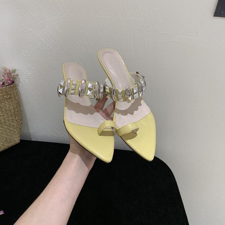 Sexy Slope Heel Metal Set Toe Slippers Women's Summer Wear High-end Leopard Print Cool Slippers Women