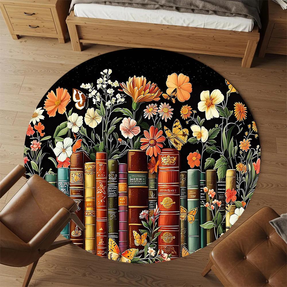 1pc Butterfly Library Pattern Office Round Rugs, Under Chair Round Rugs for Living Room, Bedroom, Bathroom Decoration Carpet 091853