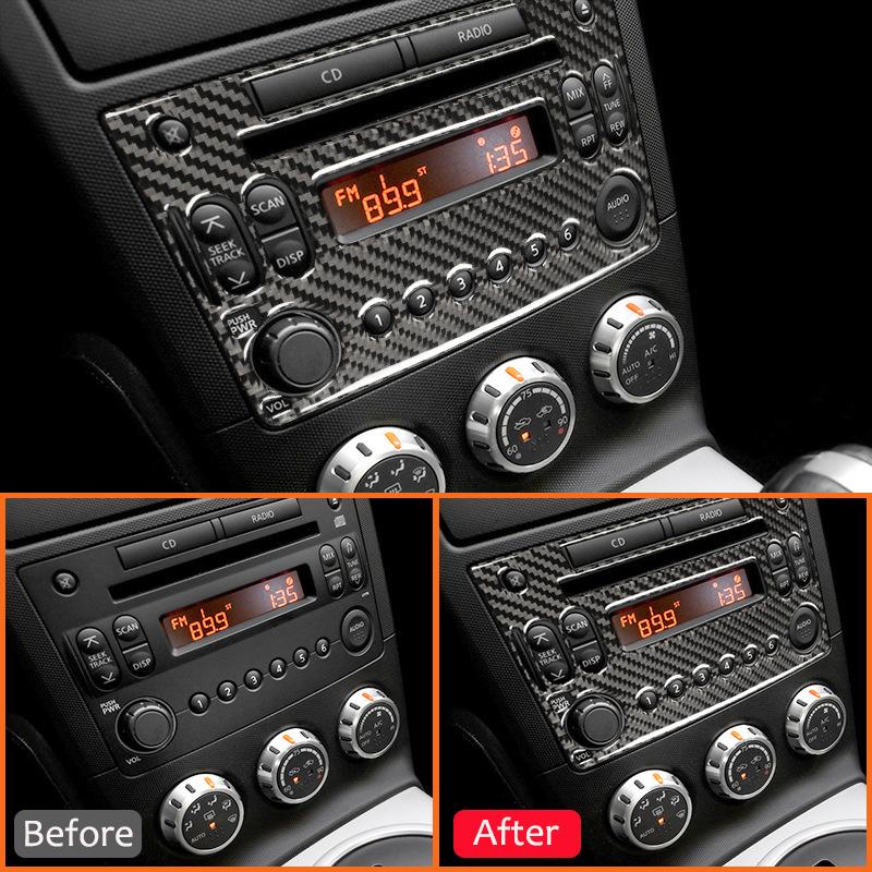 Carbon Fiber Car Central Control Multimedia CD Panel Knob Button Frame Decals Sticker For Nissan 350Z 2003-2009 Car Accessories