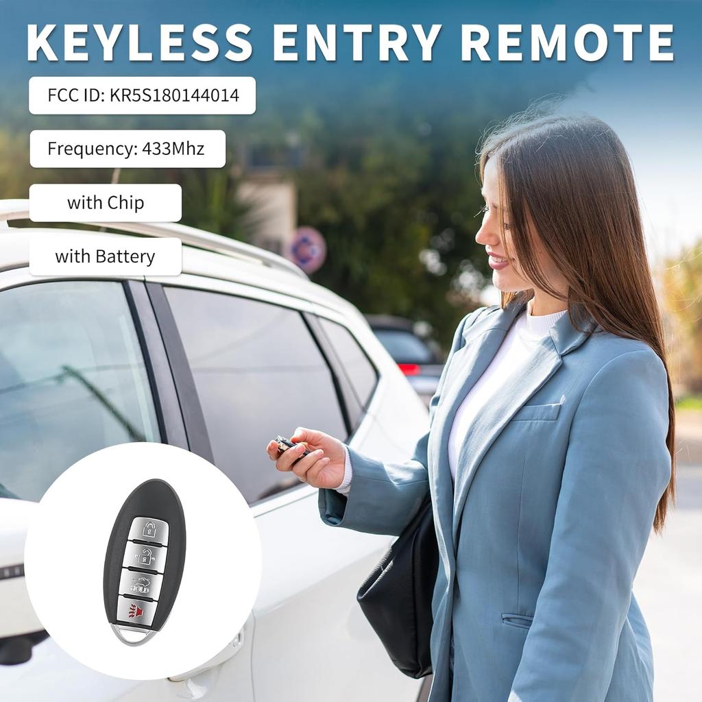 Schlüsselloser Einstiegs-Fernbedienungsschlüssel für Nissan Altima Maxima 2016-2018 433Mhz KR5S180144014 4 Tasten Wiederverwendbar | Ersatz-Autoschlüsselanhänger 1 Stück