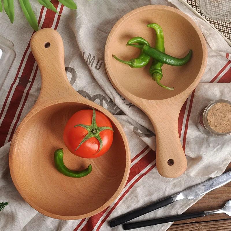 Medinis dubuo Virtuvės Salotų Vaisių Dubenys Didelis Ryžių Sriubos Dubuo Ilga Rankena Mieli Mediniai Patiekimo Dubenys Maistui Japoniški Indai Stalo Reikmenys