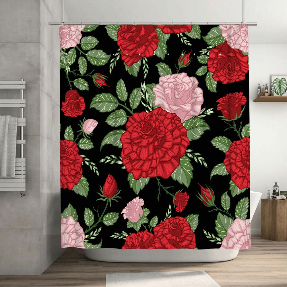 Beautiful Red Roses Flower Bath Shower Curtain Waterproof Washable Printing Decorative Rug Home Decoration (Multicolor)