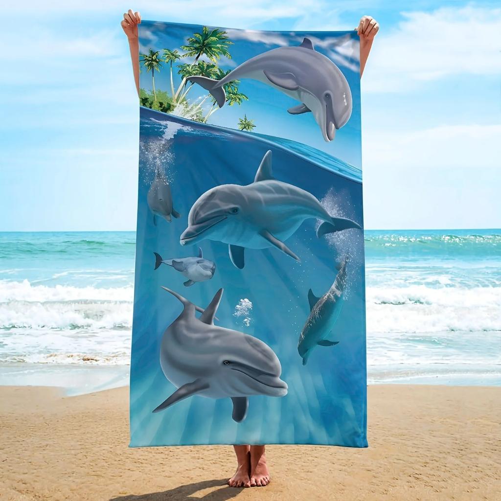 Dolphin Print Microfiber Beach Towel, Soft Absorbent Pool Towel, Sand-proof Swimming Towel, Beach Essentials, Travel Supplies