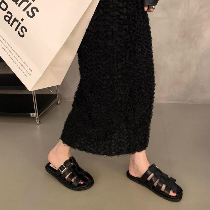Retro Roman Shoes Women Genuine Leather Mules Round Toe Flat Sandals Buckle Slippers Ladies Fashion Casual Shoes Summer
