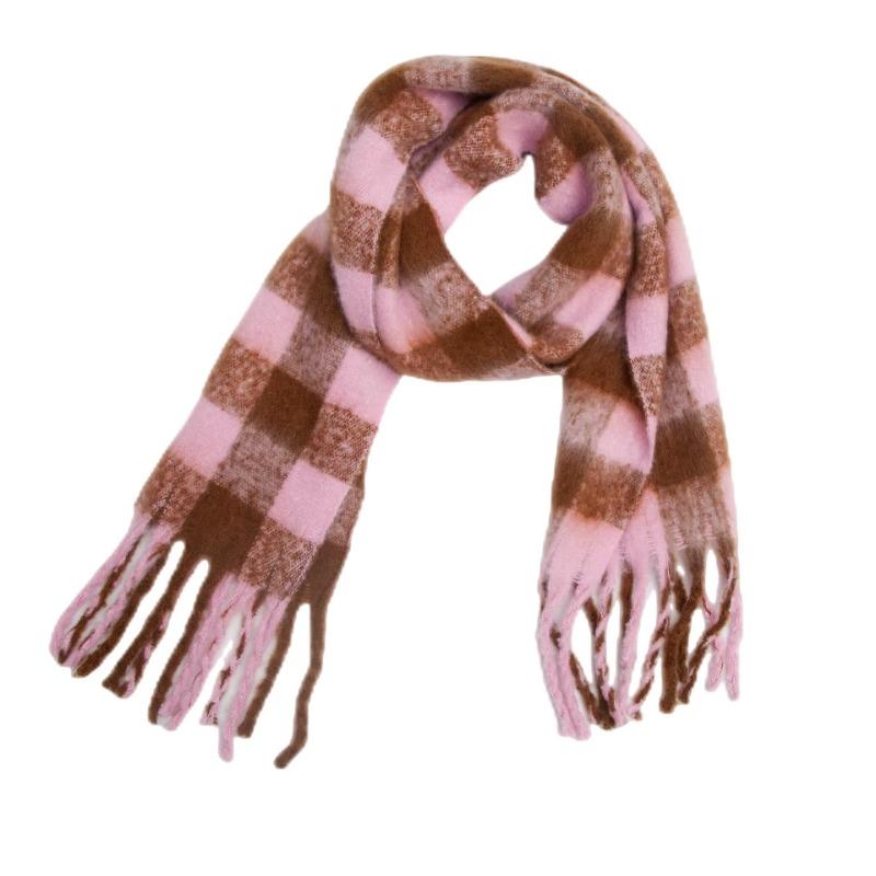 Winter Yarn Thicken Style Luxury Multicolour Plaid Faux Mohair Scarf Women Tassel Long Ring