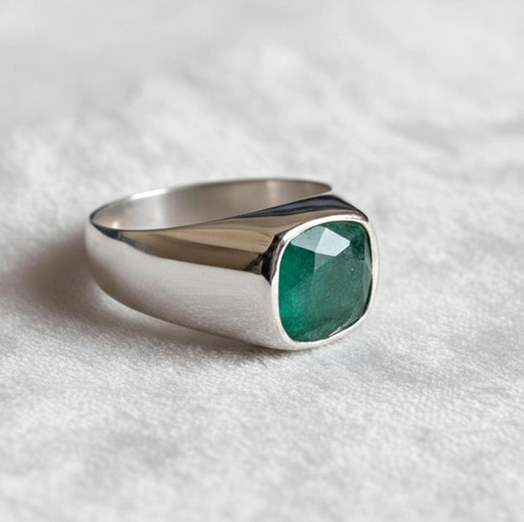 Natural Emerald Ring, 925 Sterling Silver Ring, 22k Gold Fill, Mens Signet Ring, Green Emerald Ring, Handmade Gemstone Ring