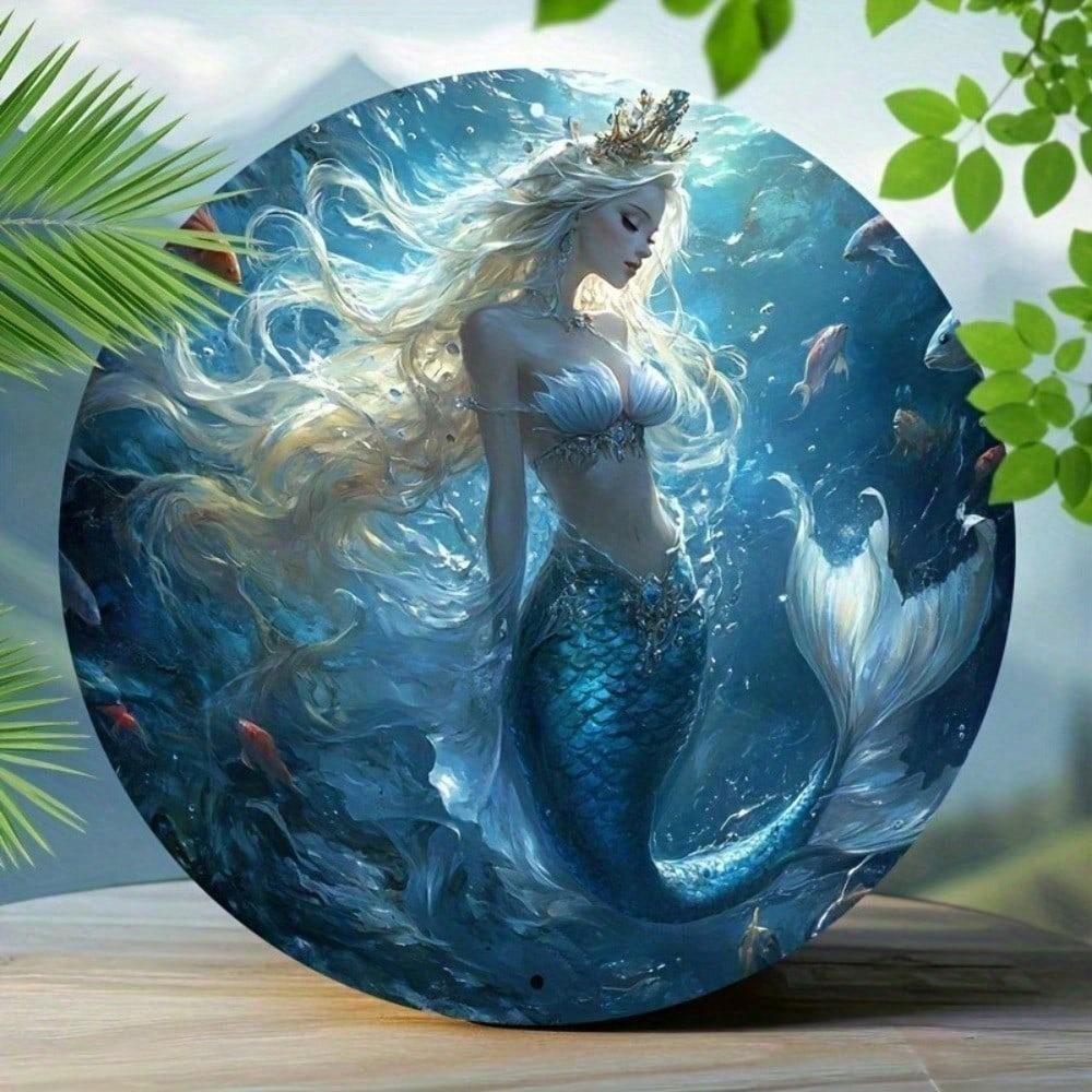 Vintage plechová cedule Mořská panna 8x8 Kulaté kovové nástěnné umění Oceánská fantasy dekorace Retro pobřežní plaketa Do koupelny