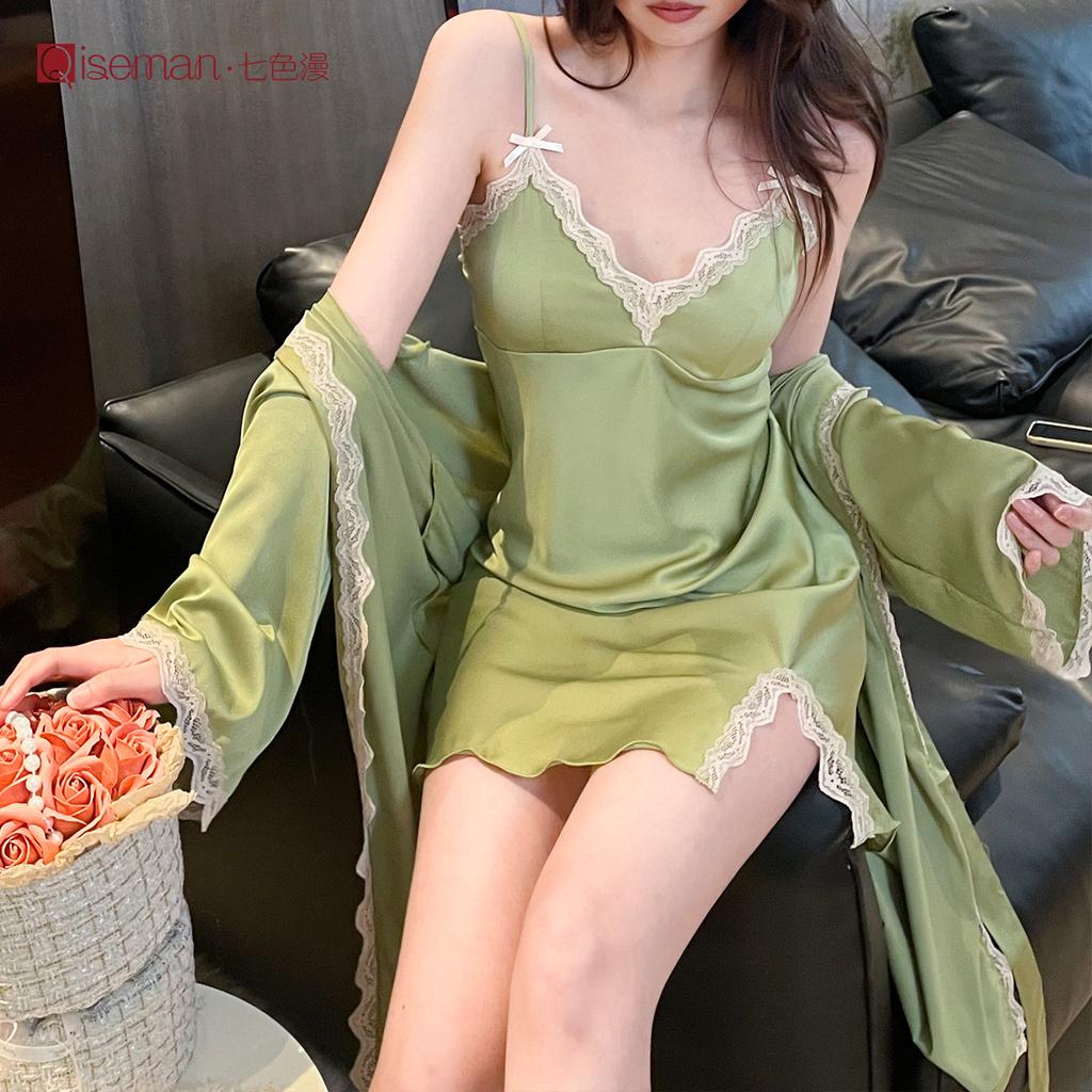 [] Ice silk sexy strap nightdress two-piece set for women, summer private pure and alluring style with padded pajamas for women