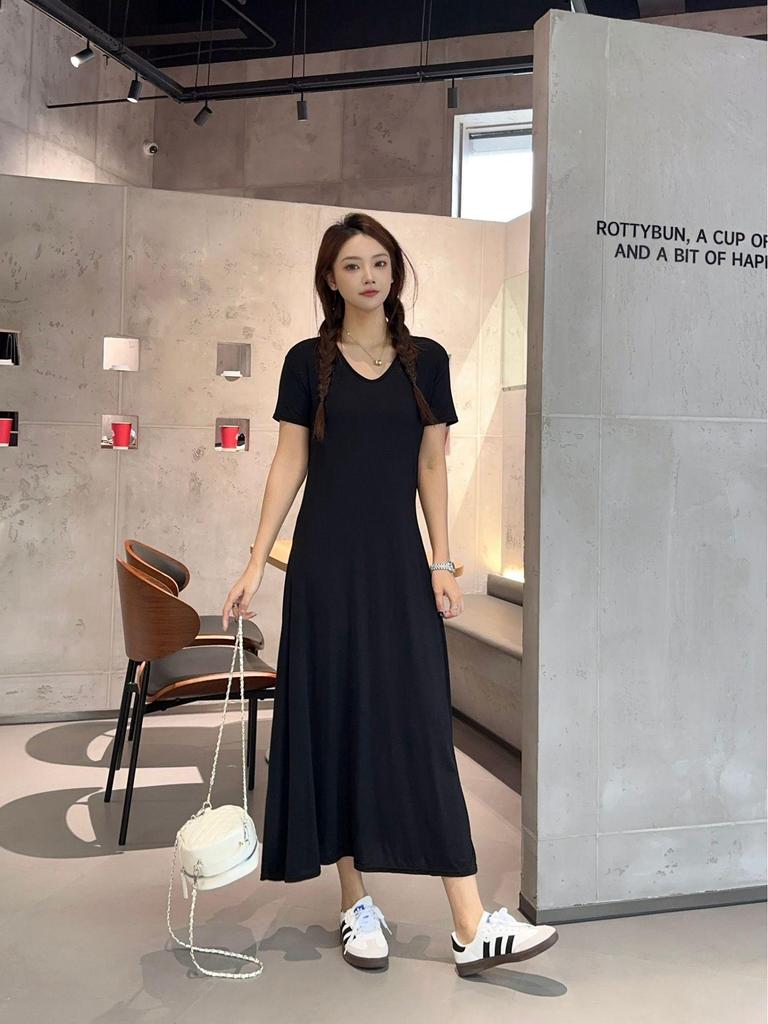 Women's Modal Short-Sleeve Long Summer Dress - Loose, Casual Plus Size Home & Outdoor Wear