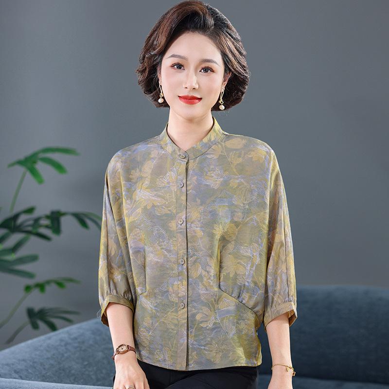 Imitation Silk Slimming Summer Top for Middle-Aged Women - Age-Defying, Tummy-Covering, Elegant Shirt for 50+ Noblewomen