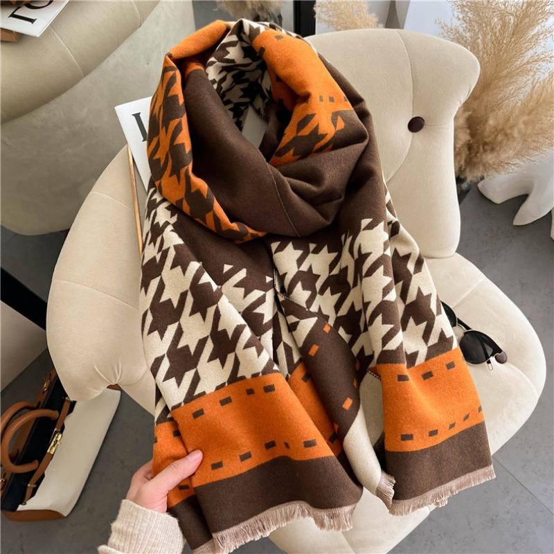 Autumn and winter new color matching thousand bird grid fashion thickened warm scarf imitation cashmere student scarf large shawl