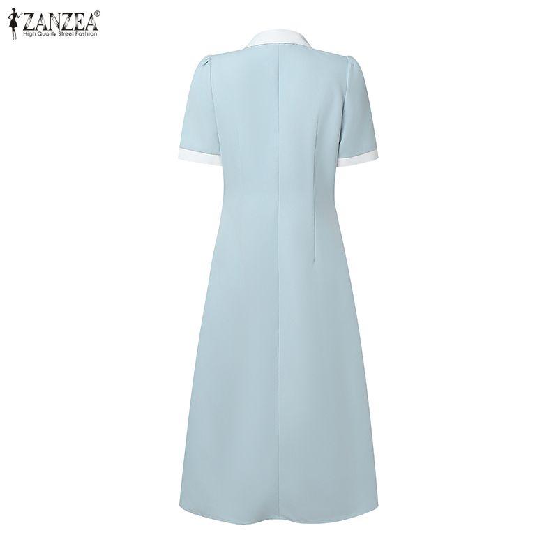 ZANZEA Women Casual Turn Down Collar Summer Short Sleeve Pleated Dress