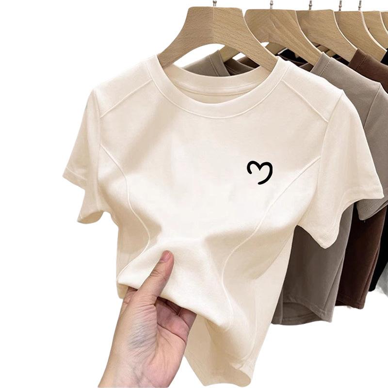 Design sense niche round neck simple short-sleeved T-shirt women's summer slim and thin age reduction versatile casual pure cotton top