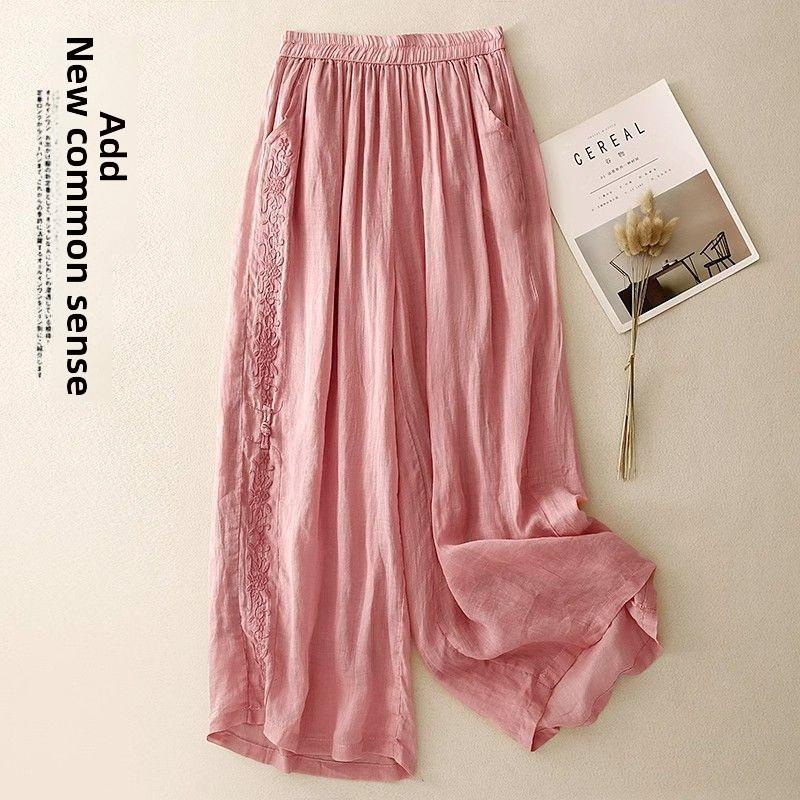 Vintage Embroidered Women's Wide-Leg Pants for Mothers, Summer Thin Elastic Waist Loose Casual Fashion Nine-Point Pants