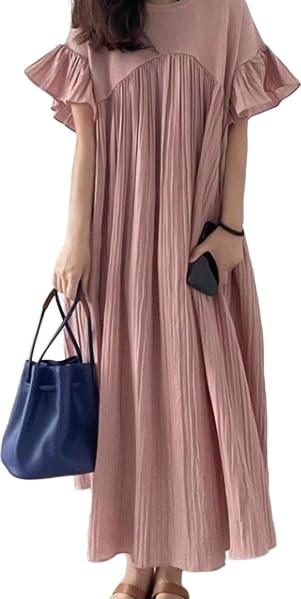 

Long Dress with Pleated Flare 2025 Summer Suitable for and Free Relaxed Opaque [JINJUDUO] Women s Sleeves, Collection, 100% Cotton, Commuting,