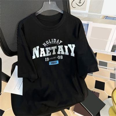 Men Summer T-shirt Letter Print Short Sleeves Round Neck Loose Retro Japanese Style Casual Daily Wear Teenager Streetwear Spring Top