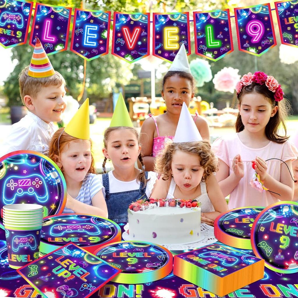 142pcs 9th Video Game Birthday Decorations for Boys 9th Gaming Birthday Party Supplies Tableware 9th Video Game On Plates Napkins Banner Tablecloth