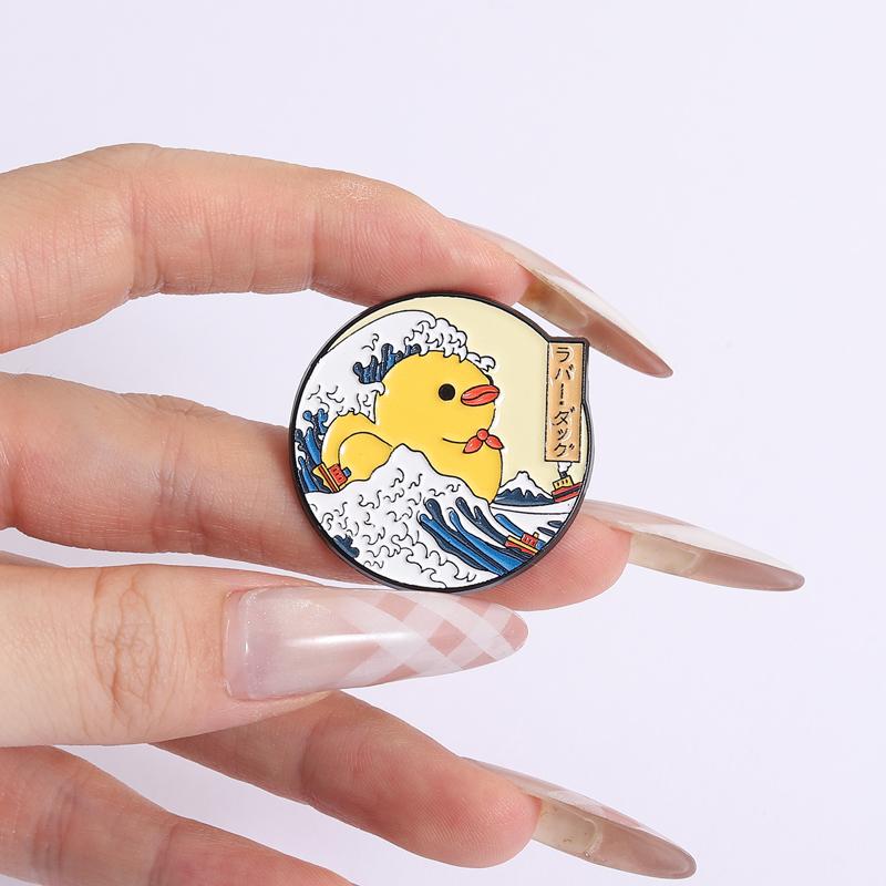 Kanagawa Rubber Duck Enamel Pins Ukiyo-e Ocean Wave Monster Brooches Lapel Badges Cartoon Jewelry Gift for Friends