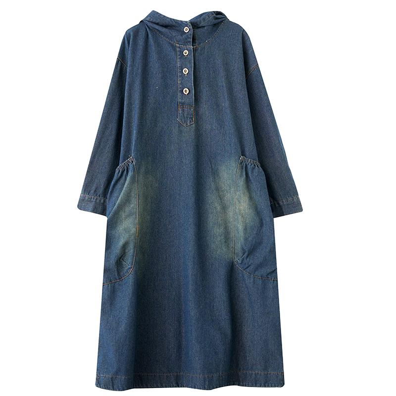 DIMANAF Women 2025 New Plus Size Spring Dress Hoodies Denim Long Sleeve Dress Loose Blue Basic Dresses Vintage