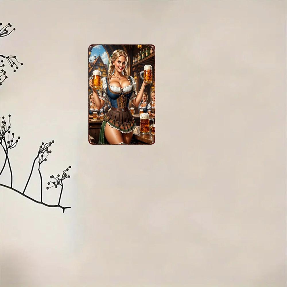 OktoberfestGirlMetalArt 1 Stück 2D Flaches Vintage Oktoberfest Mädchen Metallschild 7,8x11,8" - Deutsches Kleid/Bierkrug Dekor für Zuhause/Bar