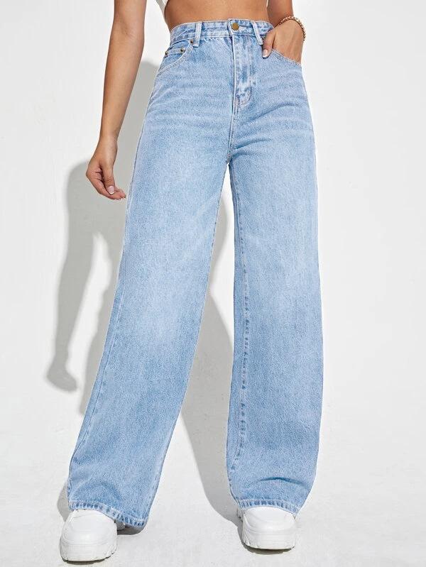 Women s Mid Rise Straight Leg Jeans Loose Fit Streetwear Solid Color Washed Denim Long Trousers Autumn Casual Bottoms XS