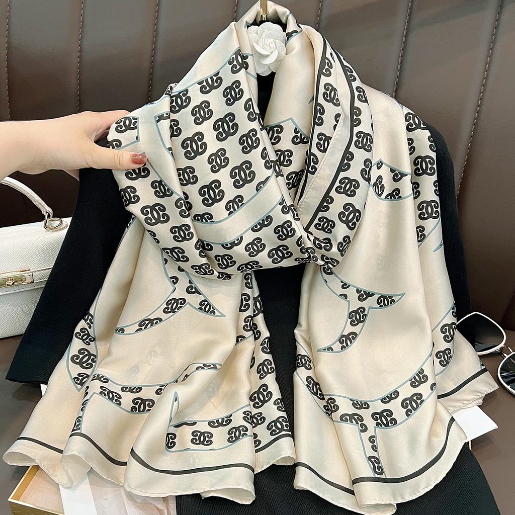 New simple temperament camellia imitation silk scarf personalized versatile brocade long scarf for mother and elders gifts