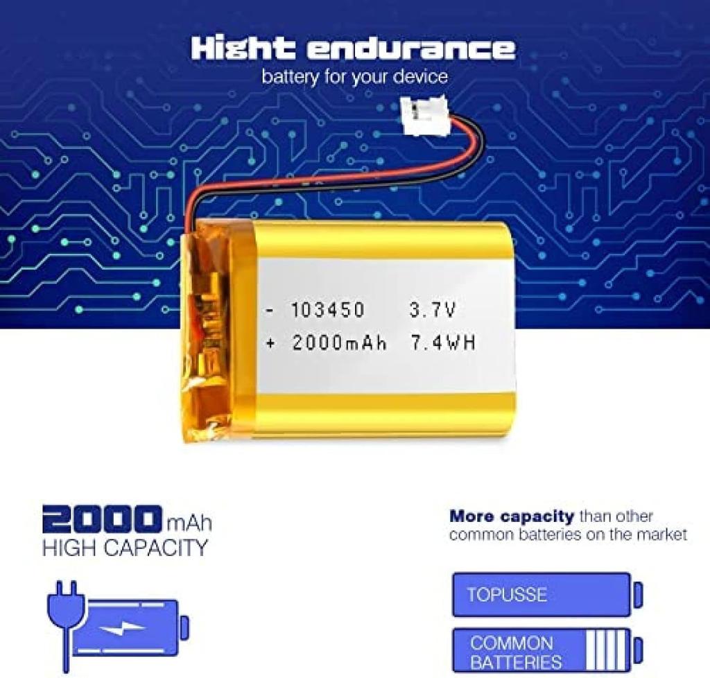 3.7V 2000mAh Lithium Battery Model 103450 with Protection Circuit – Rechargeable – Compatible with Bluetooth Earphones and TWS Headphones