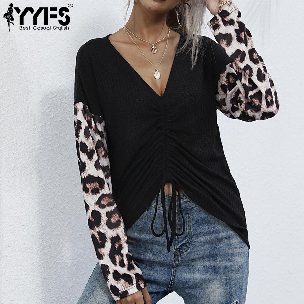 YYFS Moda damska Casual Wiosna Jesień Lampart Print Bluzki i koszule z długim rękawem i dekoltem w kształcie litery V